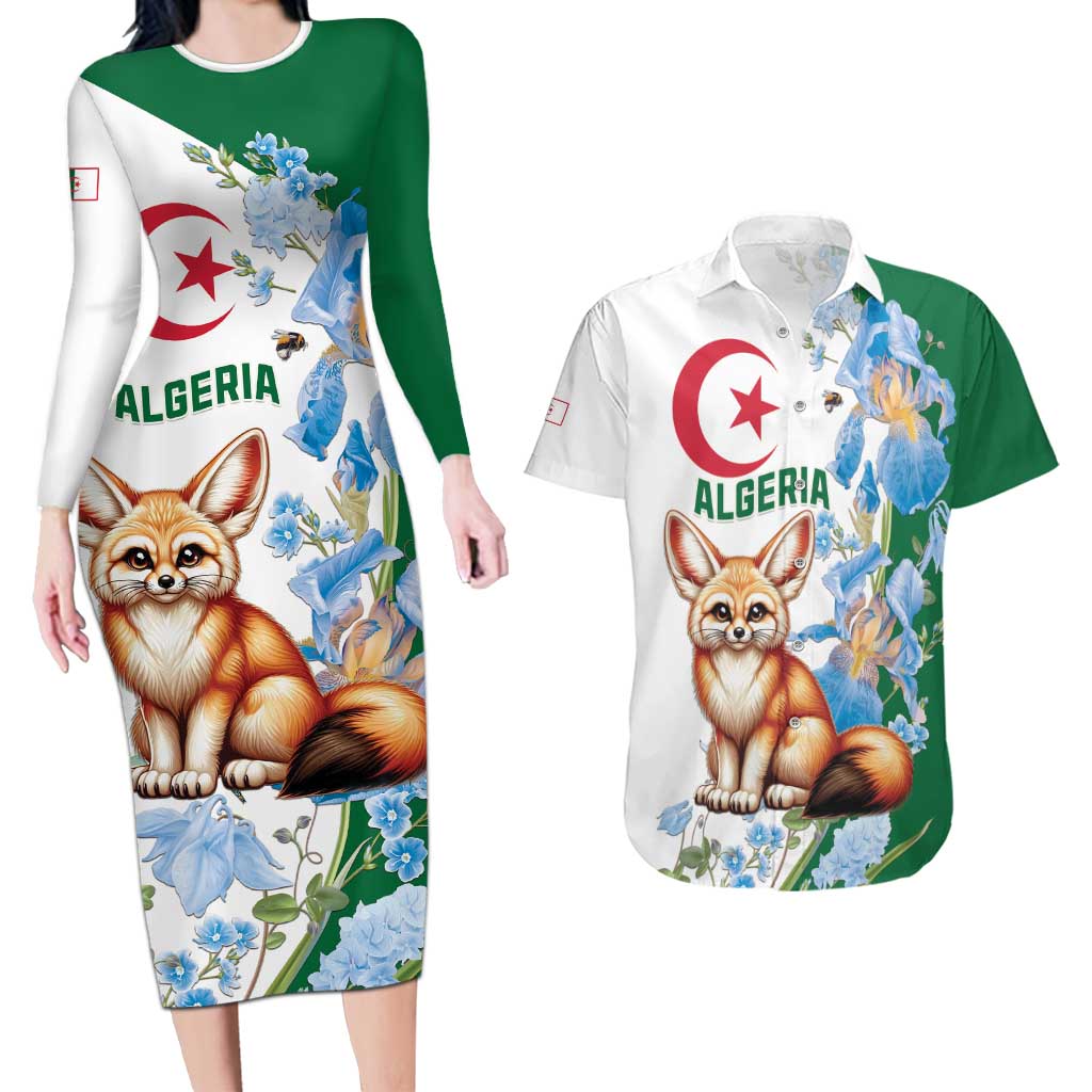 Algeria Fennec Fox Couples Matching Long Sleeve Bodycon Dress and Hawaiian Shirt Blue Isris Flower