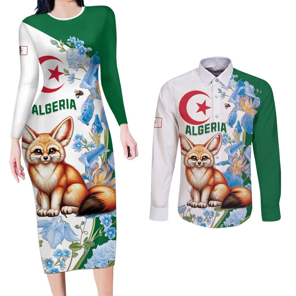 Algeria Fennec Fox Couples Matching Long Sleeve Bodycon Dress and Long Sleeve Button Shirt Blue Isris Flower