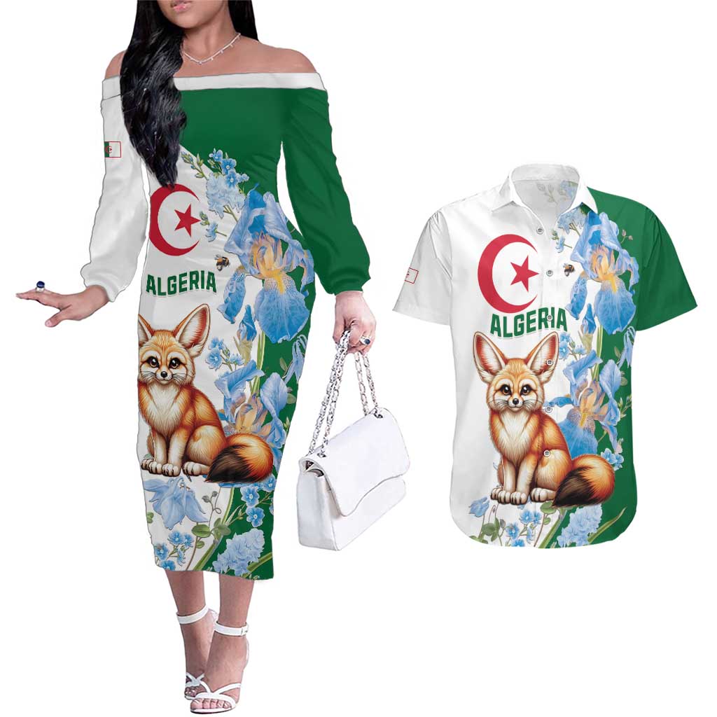 Algeria Fennec Fox Couples Matching Off The Shoulder Long Sleeve Dress and Hawaiian Shirt Blue Isris Flower