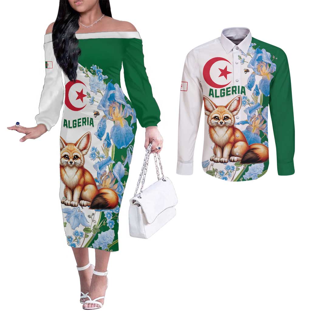 Algeria Fennec Fox Couples Matching Off The Shoulder Long Sleeve Dress and Long Sleeve Button Shirt Blue Isris Flower