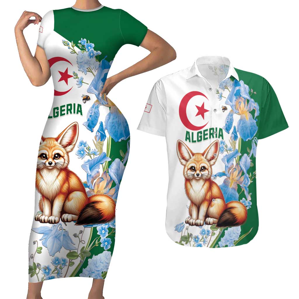 Algeria Fennec Fox Couples Matching Short Sleeve Bodycon Dress and Hawaiian Shirt Blue Isris Flower