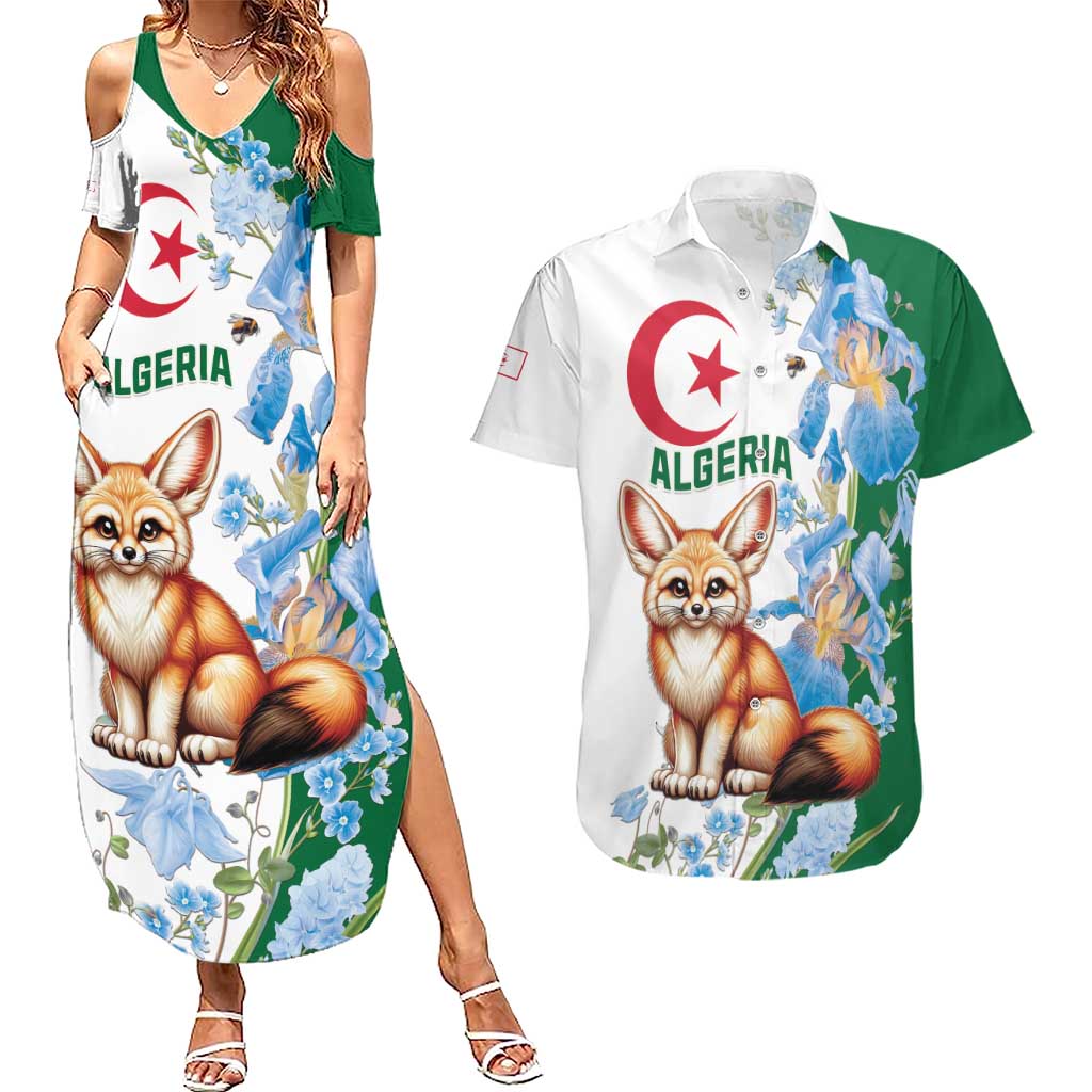 Algeria Fennec Fox Couples Matching Summer Maxi Dress and Hawaiian Shirt Blue Isris Flower