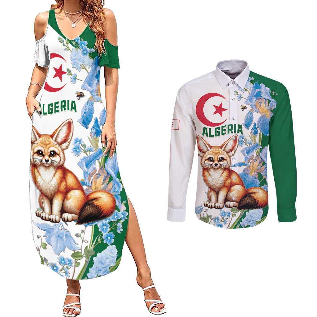 Algeria Fennec Fox Couples Matching Summer Maxi Dress and Long Sleeve Button Shirt Blue Isris Flower