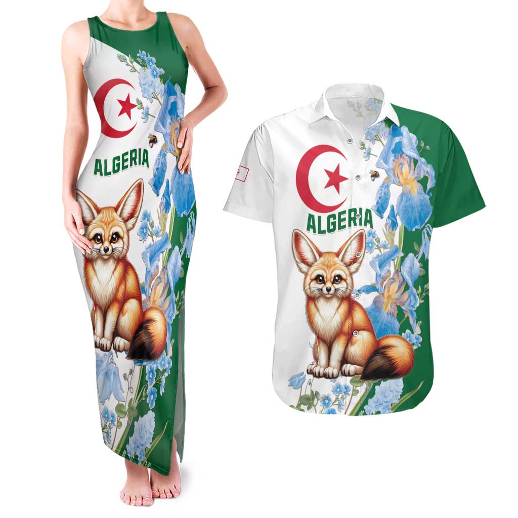 Algeria Fennec Fox Couples Matching Tank Maxi Dress and Hawaiian Shirt Blue Isris Flower