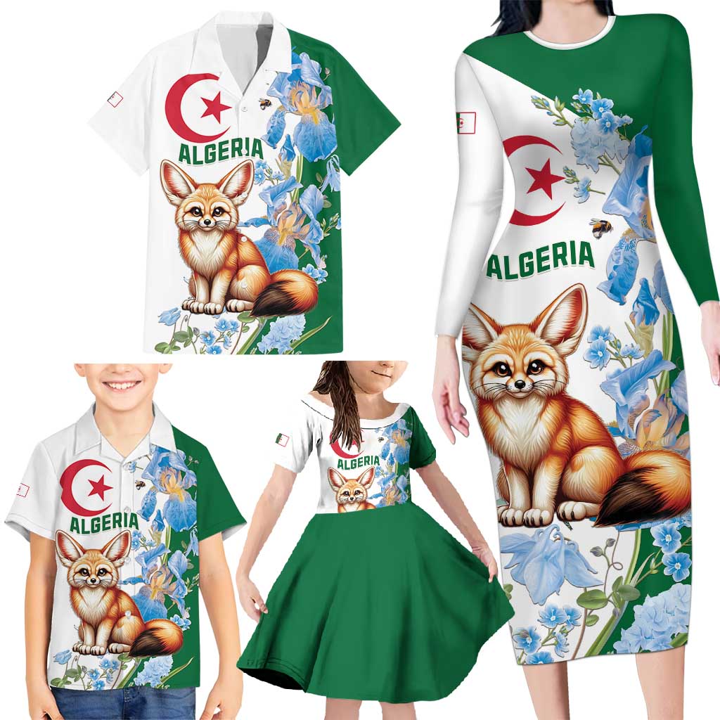 Algeria Fennec Fox Family Matching Long Sleeve Bodycon Dress and Hawaiian Shirt Blue Isris Flower