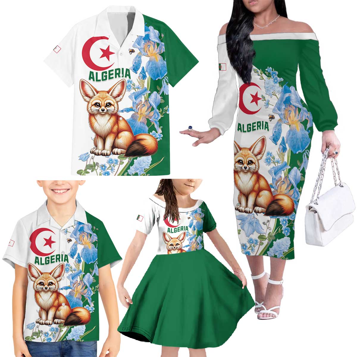 Algeria Fennec Fox Family Matching Off The Shoulder Long Sleeve Dress and Hawaiian Shirt Blue Isris Flower