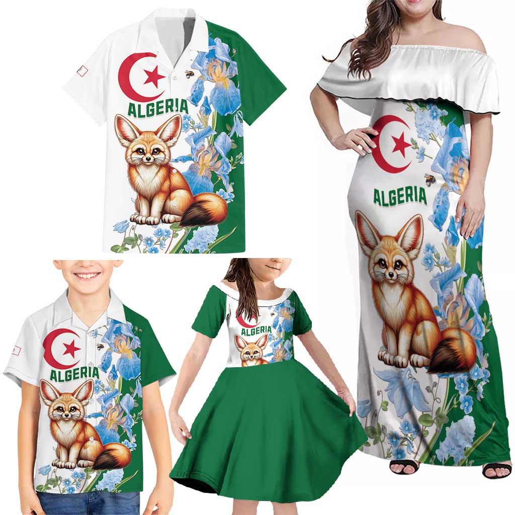 Algeria Fennec Fox Family Matching Off Shoulder Maxi Dress and Hawaiian Shirt Blue Isris Flower