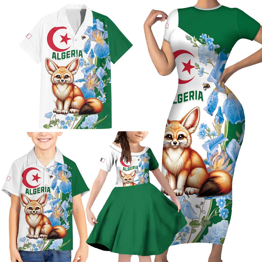 Algeria Fennec Fox Family Matching Short Sleeve Bodycon Dress and Hawaiian Shirt Blue Isris Flower