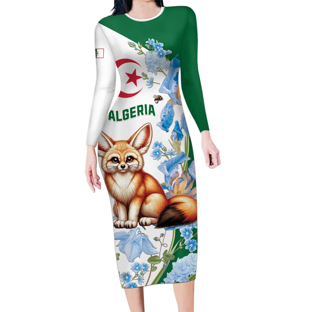 Algeria Fennec Fox Long Sleeve Bodycon Dress Blue Isris Flower