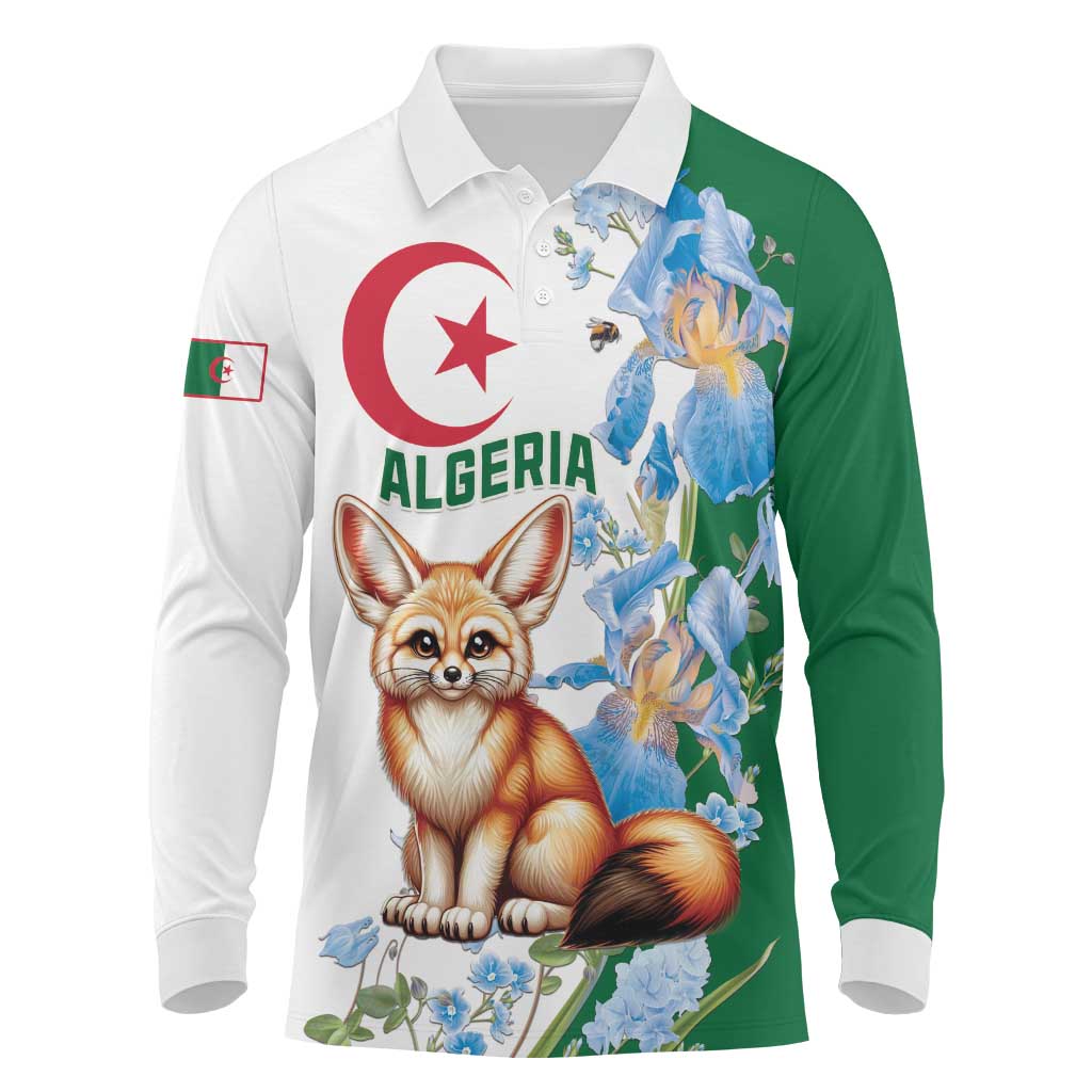 Algeria Fennec Fox Long Sleeve Polo Shirt Blue Isris Flower