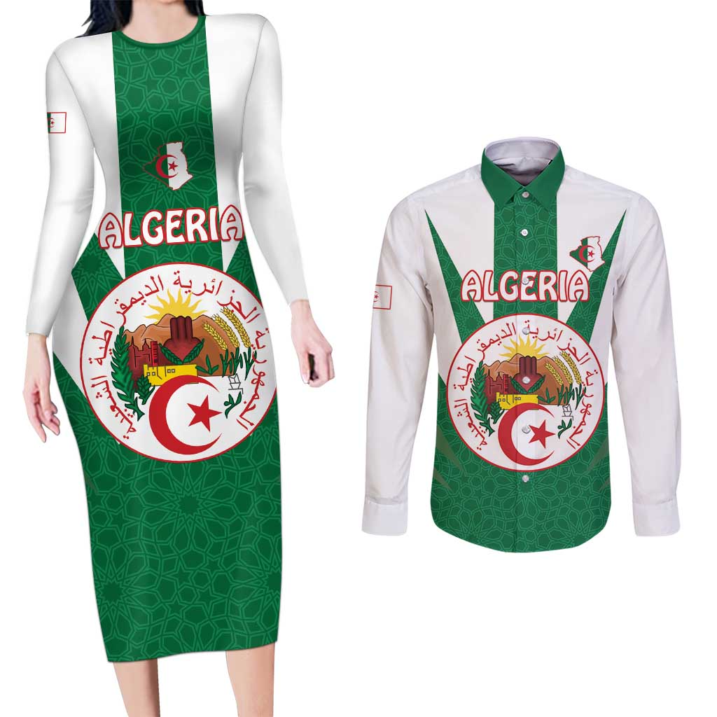 Personalised Algeria Couples Matching Long Sleeve Bodycon Dress and Long Sleeve Button Shirt Coat Of Arms With Islamic Pattern