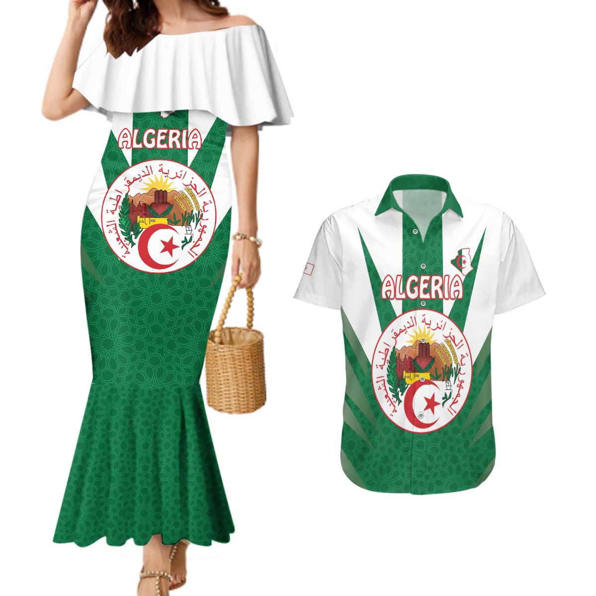 Personalised Algeria Couples Matching Mermaid Dress and Hawaiian Shirt Coat Of Arms With Islamic Pattern