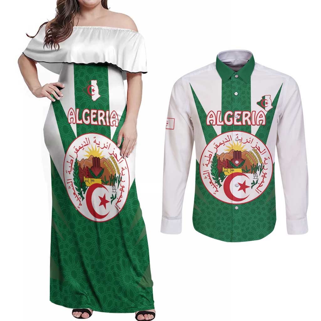 Personalised Algeria Couples Matching Off Shoulder Maxi Dress and Long Sleeve Button Shirt Coat Of Arms With Islamic Pattern