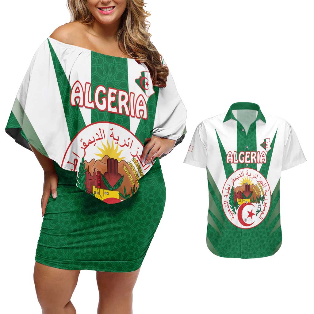 Personalised Algeria Couples Matching Off Shoulder Short Dress and Hawaiian Shirt Coat Of Arms With Islamic Pattern