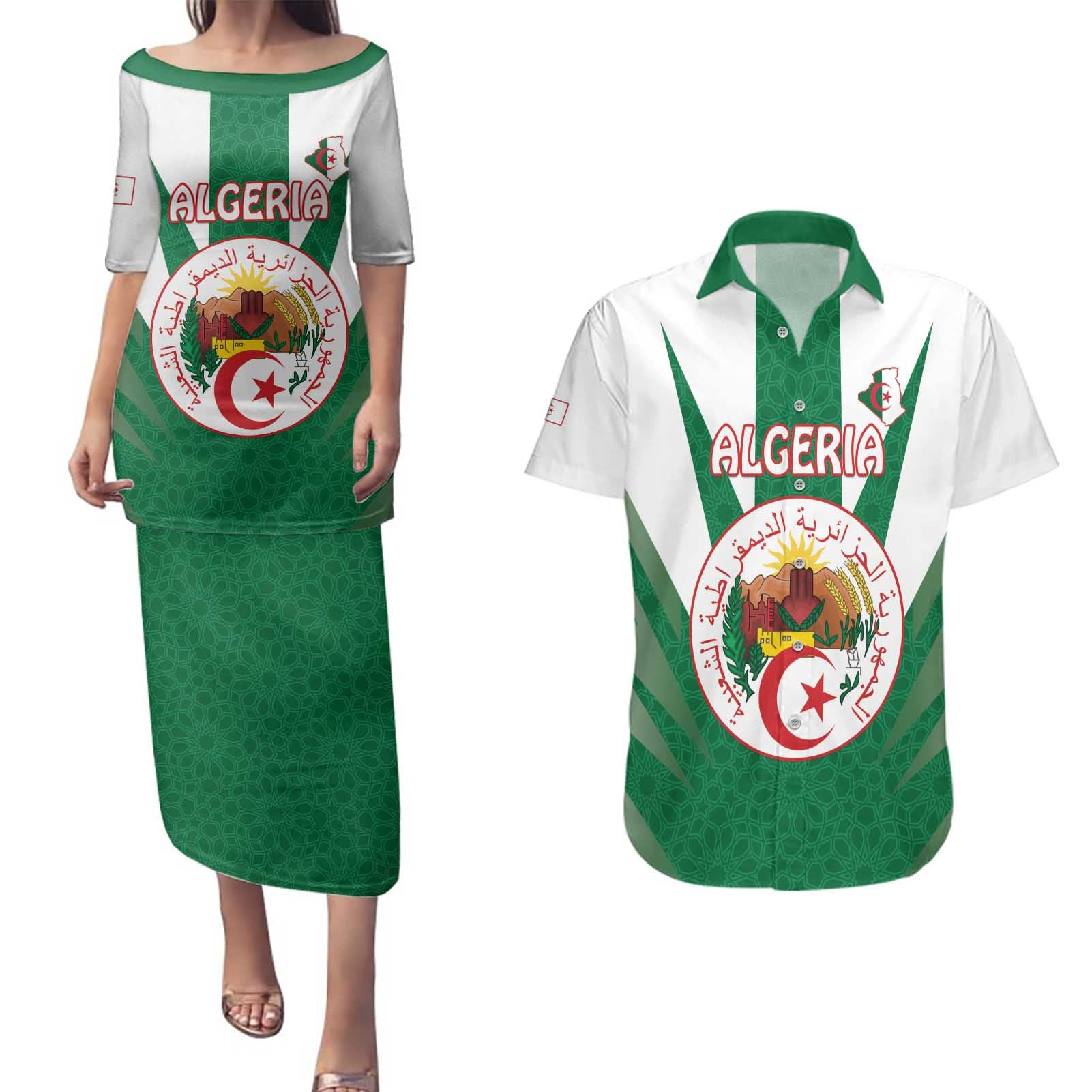 Personalised Algeria Couples Matching Puletasi and Hawaiian Shirt Coat Of Arms With Islamic Pattern