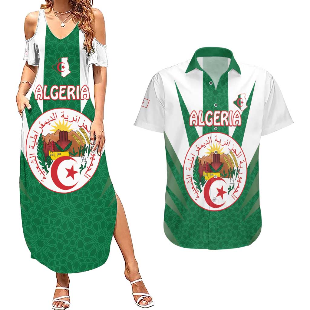 Personalised Algeria Couples Matching Summer Maxi Dress and Hawaiian Shirt Coat Of Arms With Islamic Pattern