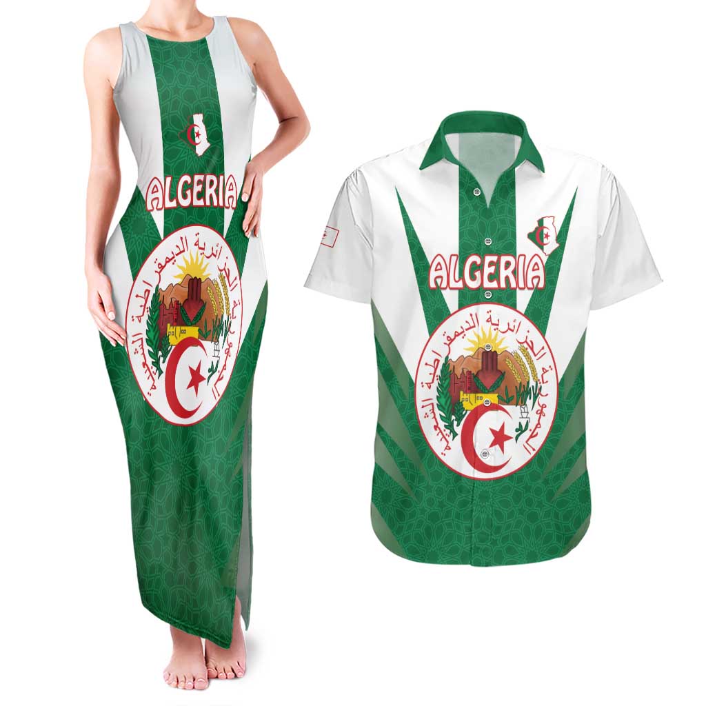 Personalised Algeria Couples Matching Tank Maxi Dress and Hawaiian Shirt Coat Of Arms With Islamic Pattern