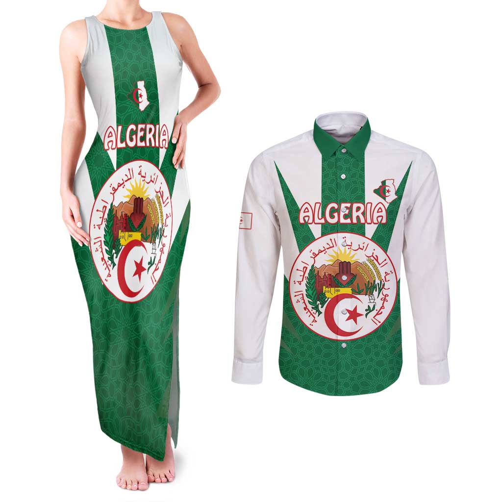 Personalised Algeria Couples Matching Tank Maxi Dress and Long Sleeve Button Shirt Coat Of Arms With Islamic Pattern