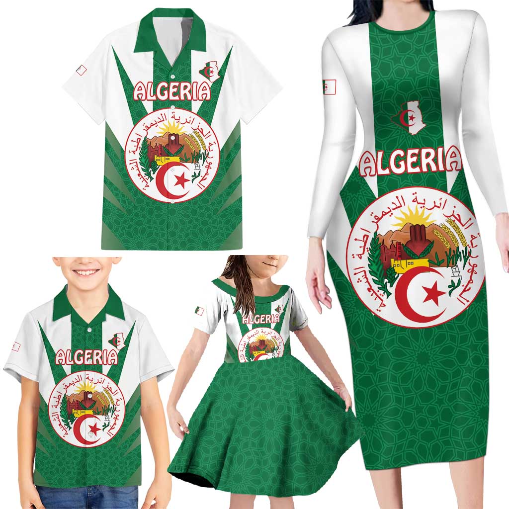 Personalised Algeria Family Matching Long Sleeve Bodycon Dress and Hawaiian Shirt Coat Of Arms With Islamic Pattern