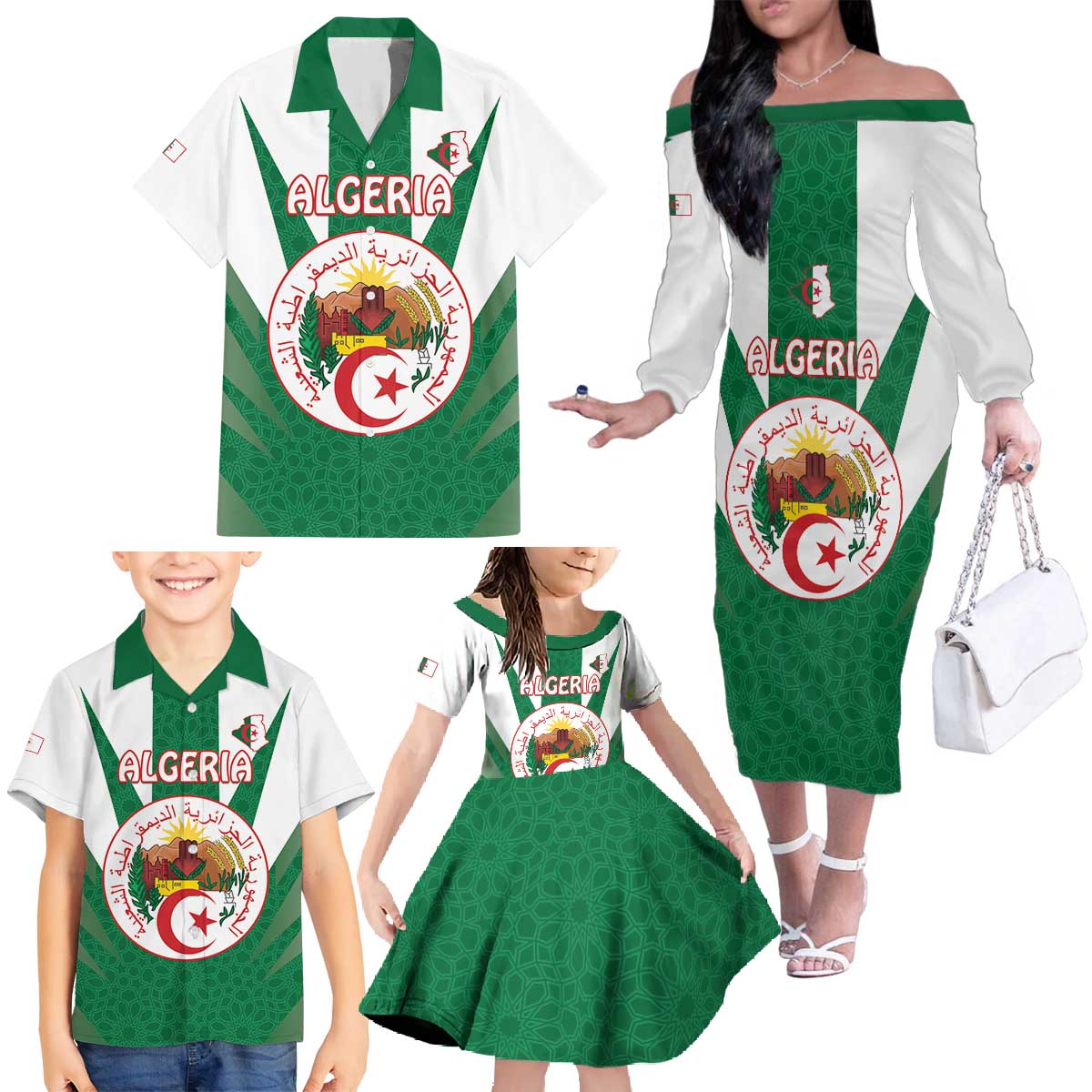 Personalised Algeria Family Matching Off The Shoulder Long Sleeve Dress and Hawaiian Shirt Coat Of Arms With Islamic Pattern