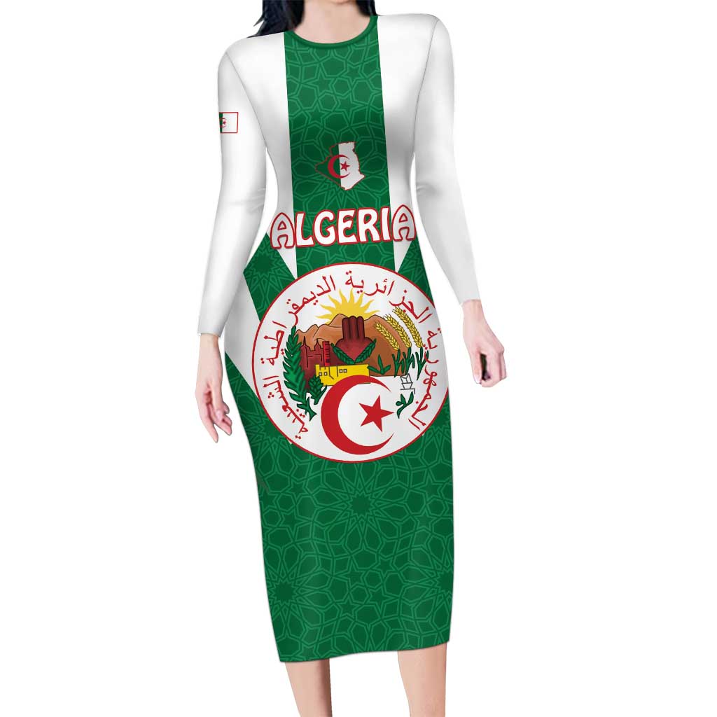 Personalised Algeria Long Sleeve Bodycon Dress Coat Of Arms With Islamic Pattern