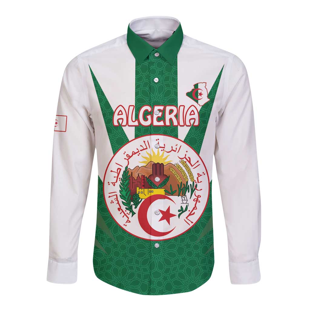 Personalised Algeria Long Sleeve Button Shirt Coat Of Arms With Islamic Pattern