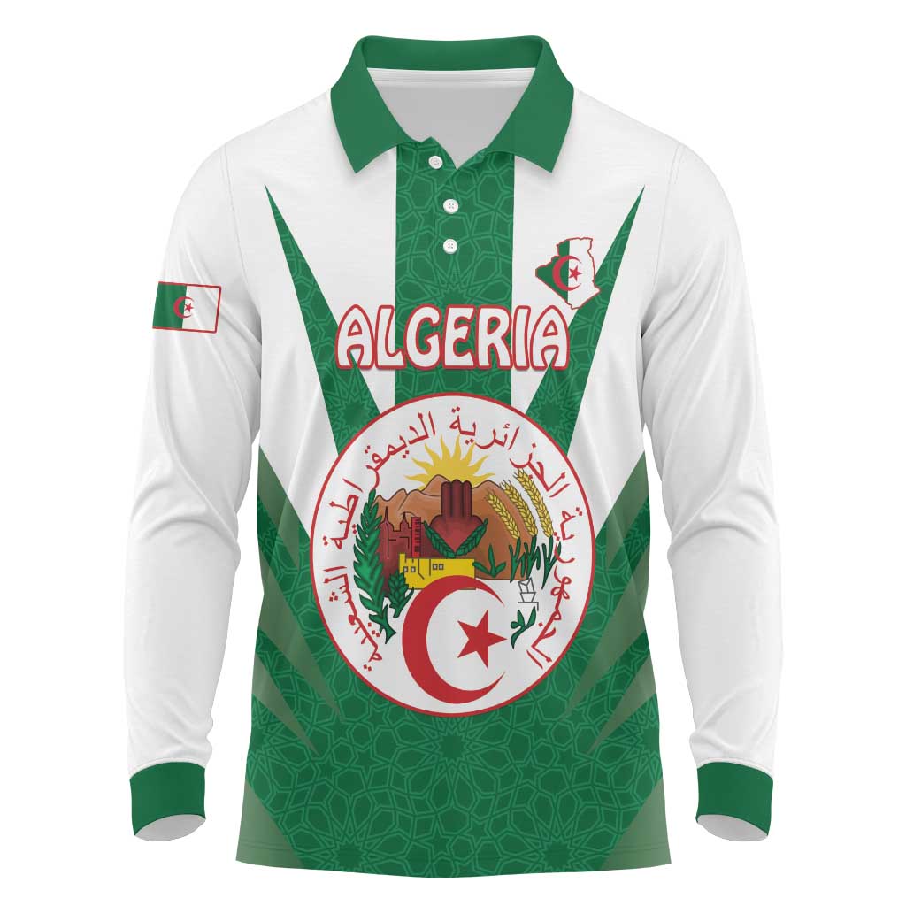 Personalised Algeria Long Sleeve Polo Shirt Coat Of Arms With Islamic Pattern