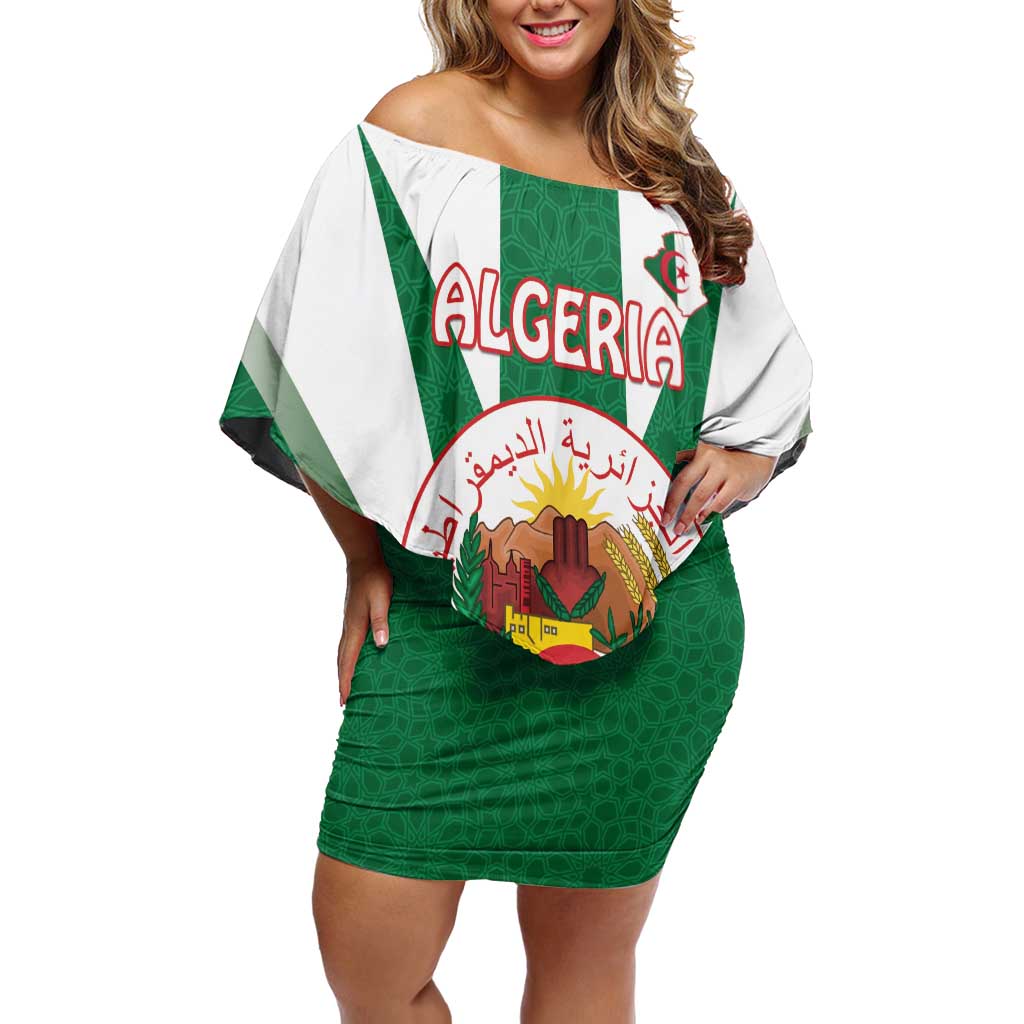 Personalised Algeria Off Shoulder Short Dress Coat Of Arms With Islamic Pattern