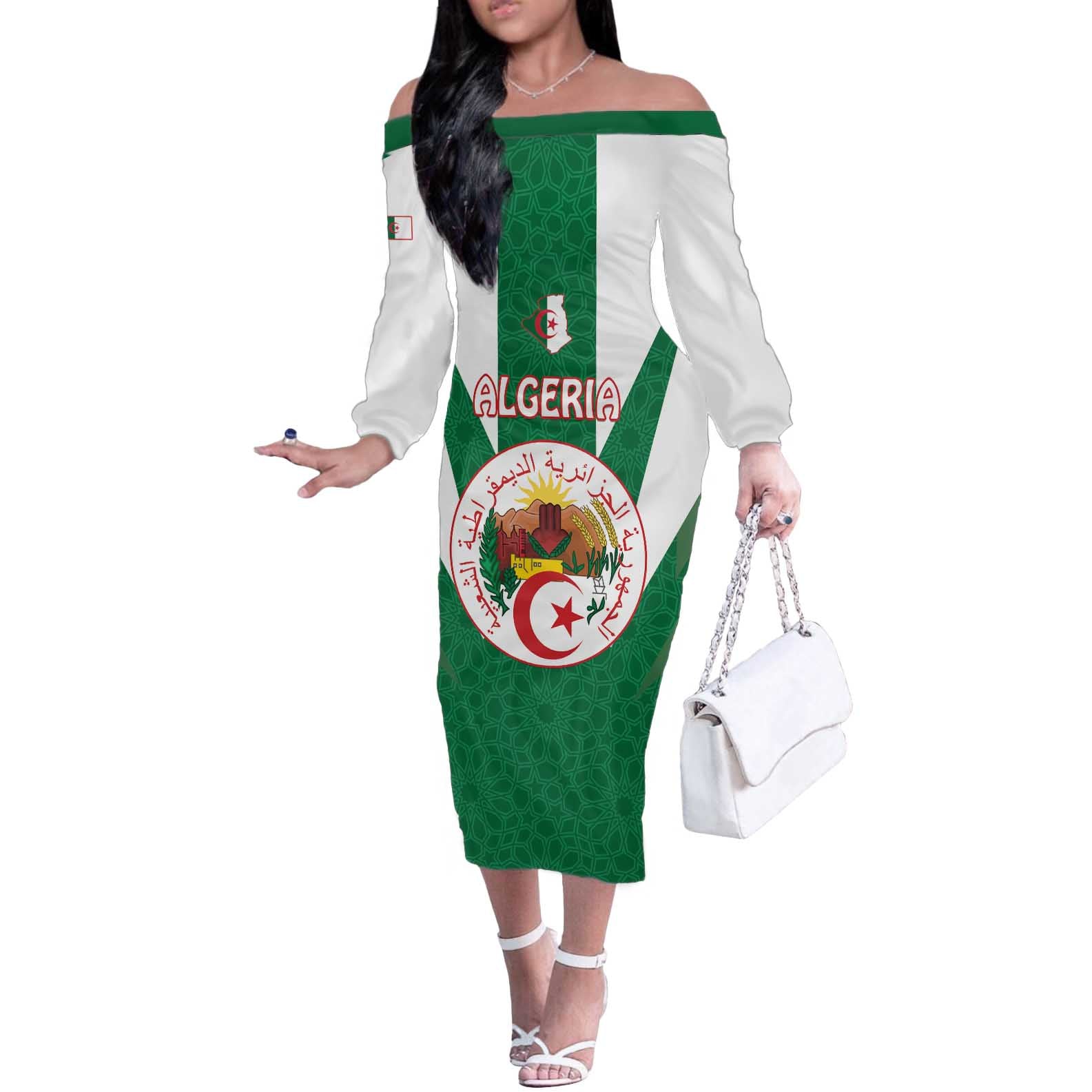 Personalised Algeria Off The Shoulder Long Sleeve Dress Coat Of Arms With Islamic Pattern