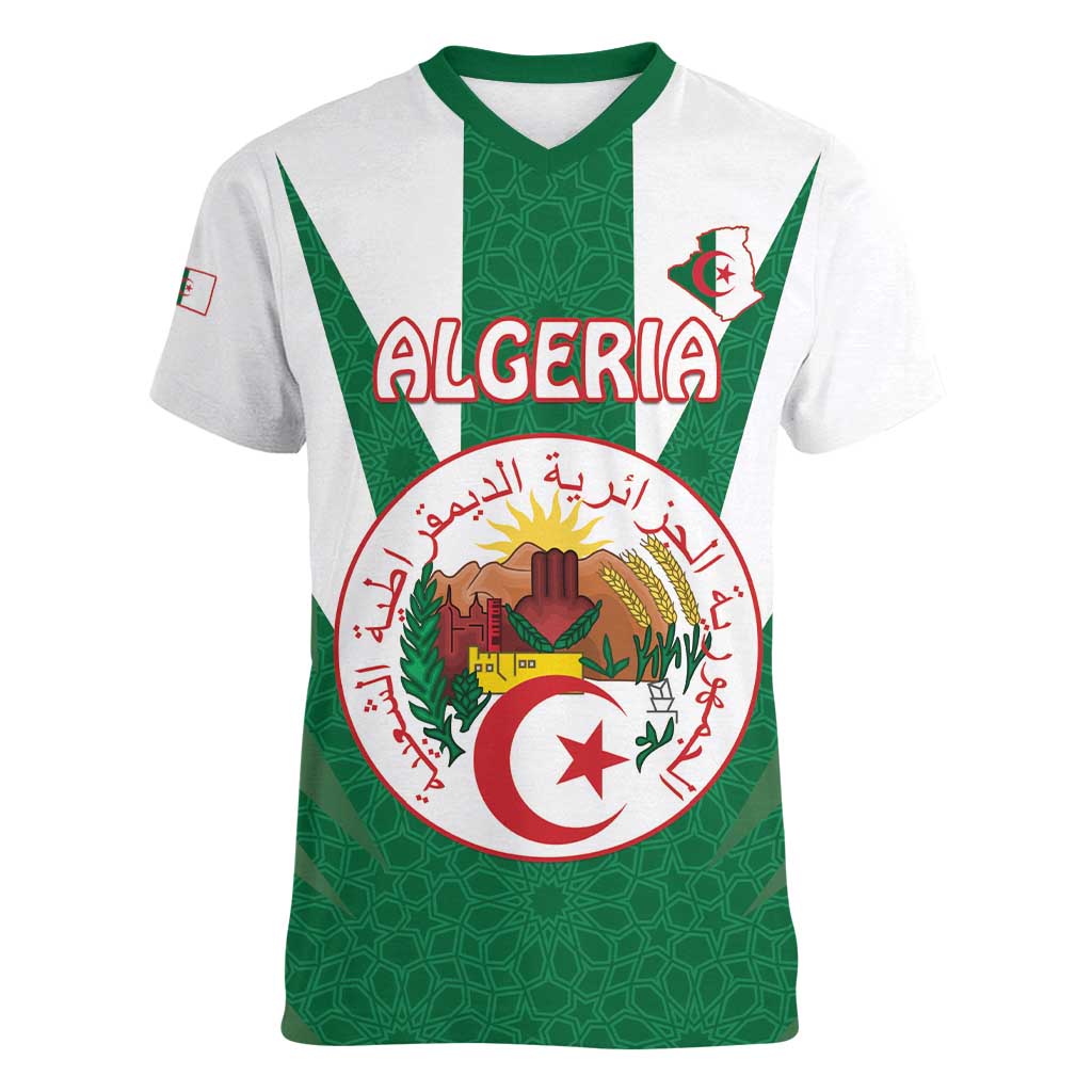 Personalised Algeria Women V-Neck T-Shirt Coat Of Arms With Islamic Pattern