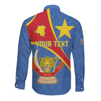 Personalised DR Congo Long Sleeve Button Shirt Coat Of Arms African Pattern