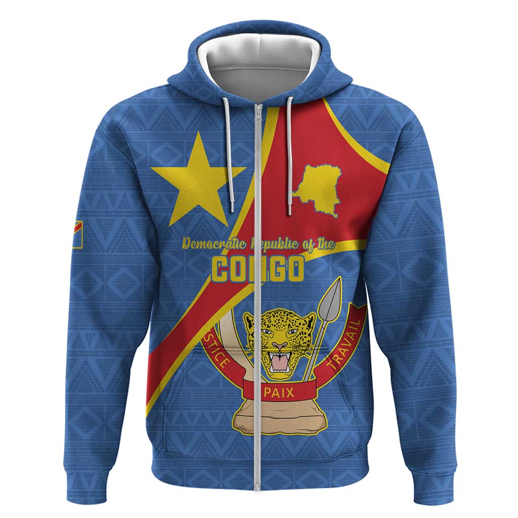 Personalised DR Congo Zip Hoodie Coat Of Arms African Pattern