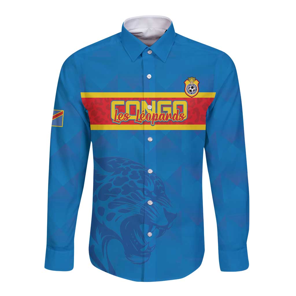 Custom DR Congo Football Long Sleeve Button Shirt Go Les Léopards