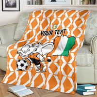 Orange and white football blanket with 'YOUR TEXT' and elephant goalie graphic