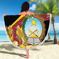 Black round beach blanket with white fringe, Angola shield emblem and star motif
