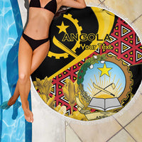 Black round beach blanket with white fringe, Angola crest with colorful border patterns