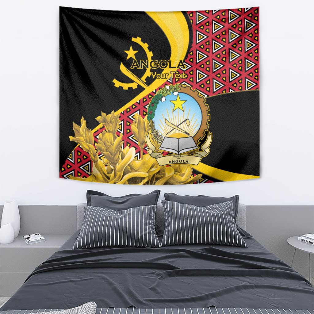 Black Angola-themed tapestry wall hanging with crest and red patterned corner panel.