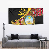 Black Angola crest tapestry wall hanging with red geometric pattern and gold floral detail.