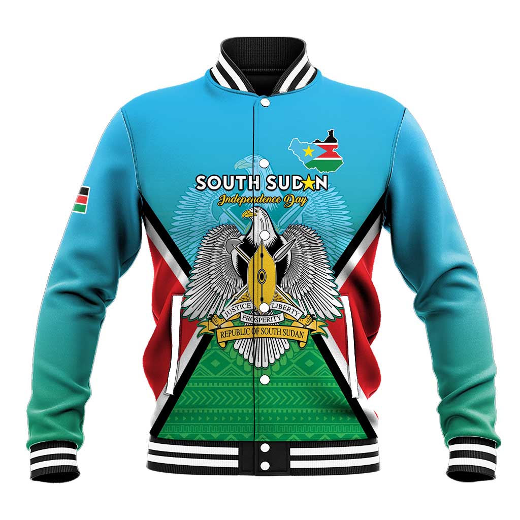 Blue varsity baseball jacket with striped collar and South Sudan crest front panel