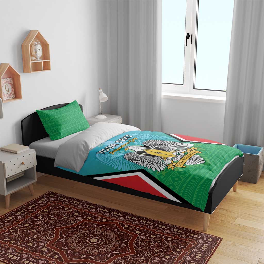 Personalised bedding set on a bed: teal duvet with green border, two green pillowcases