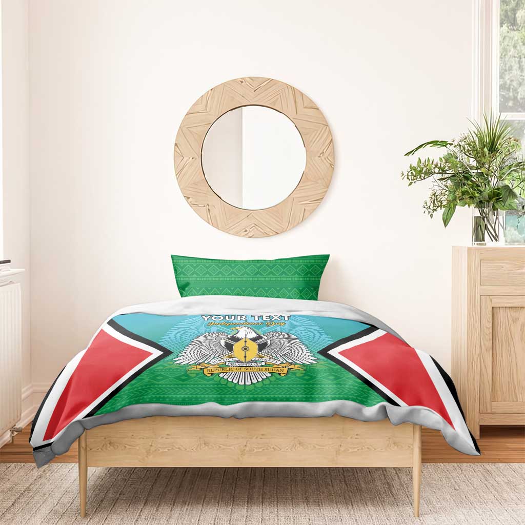 Personalised bedding set with teal duvet and green pillowcase pair, coat-of-arms and flag design