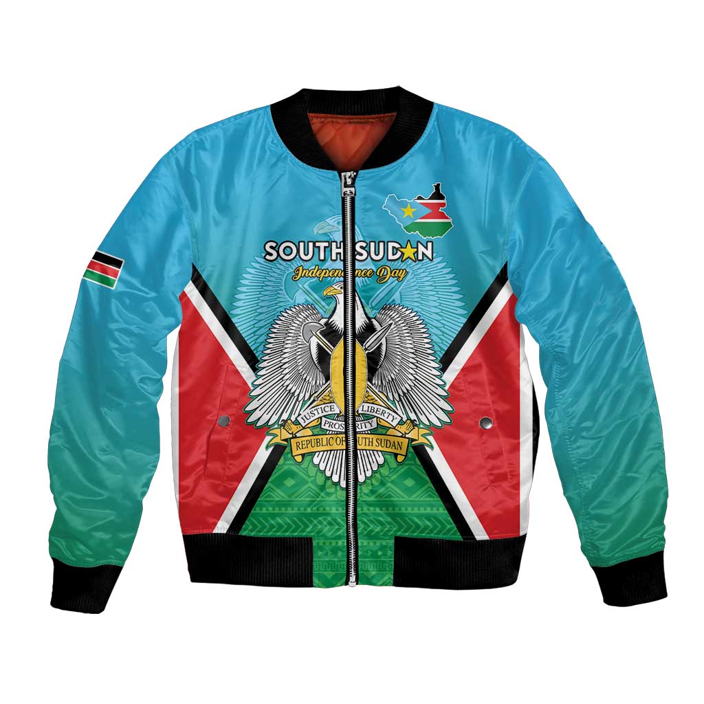 Blue bomber jacket with South Sudan flag, coat of arms and front zipper closure