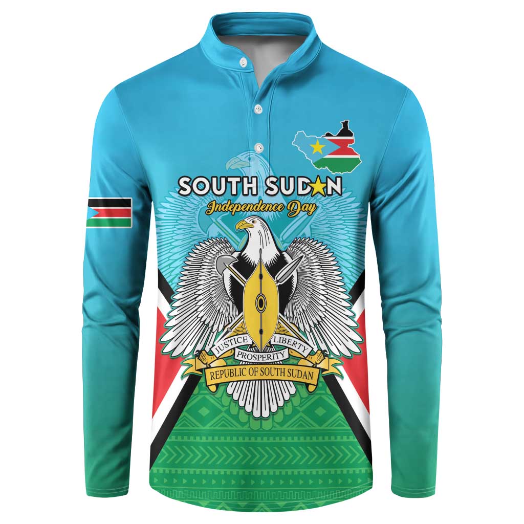 Blue long-sleeve henley sweatshirt with front South Sudan crest and flag stripe graphic