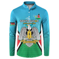 Blue long-sleeve henley sweatshirt with front South Sudan crest and flag stripe graphic
