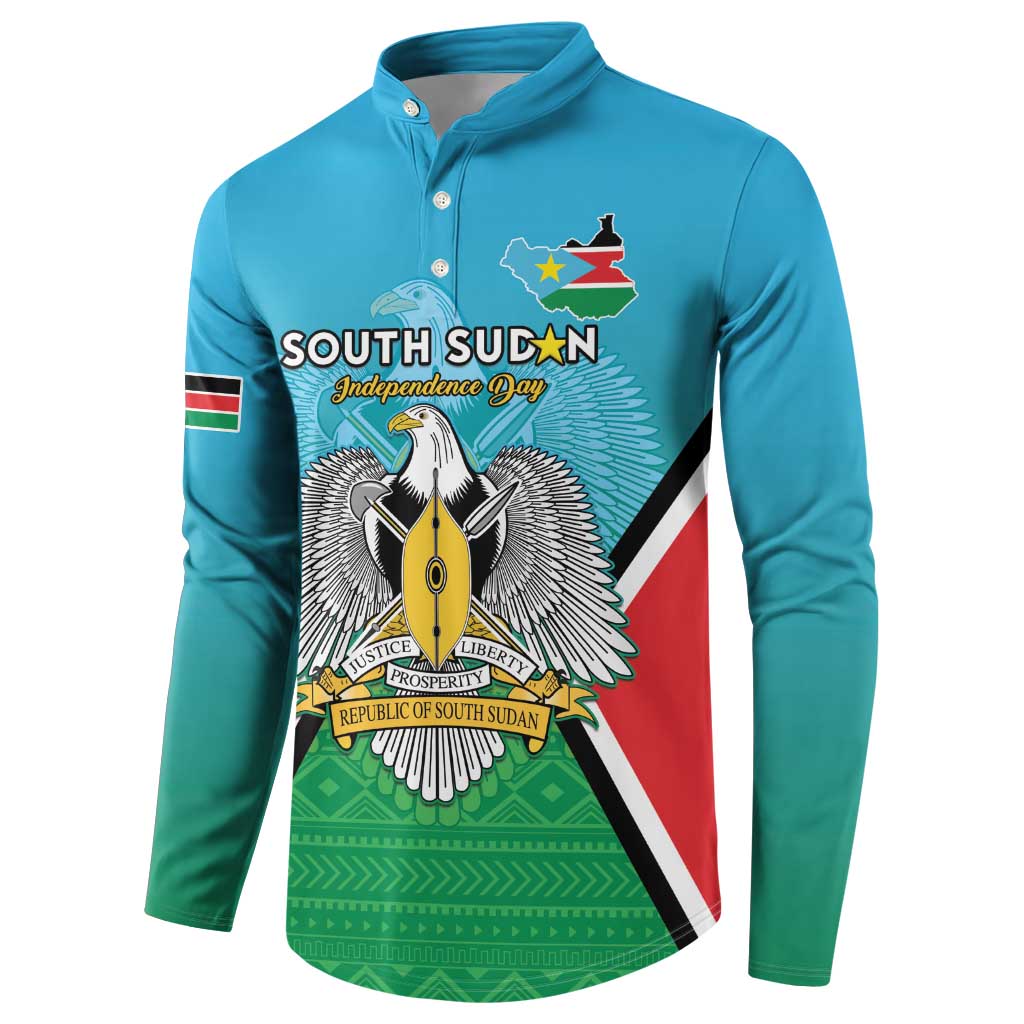 Blue long-sleeve henley sweatshirt front view with South Sudan crest, wings, and map emblem