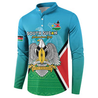 Blue long-sleeve henley sweatshirt front view with South Sudan crest, wings, and map emblem