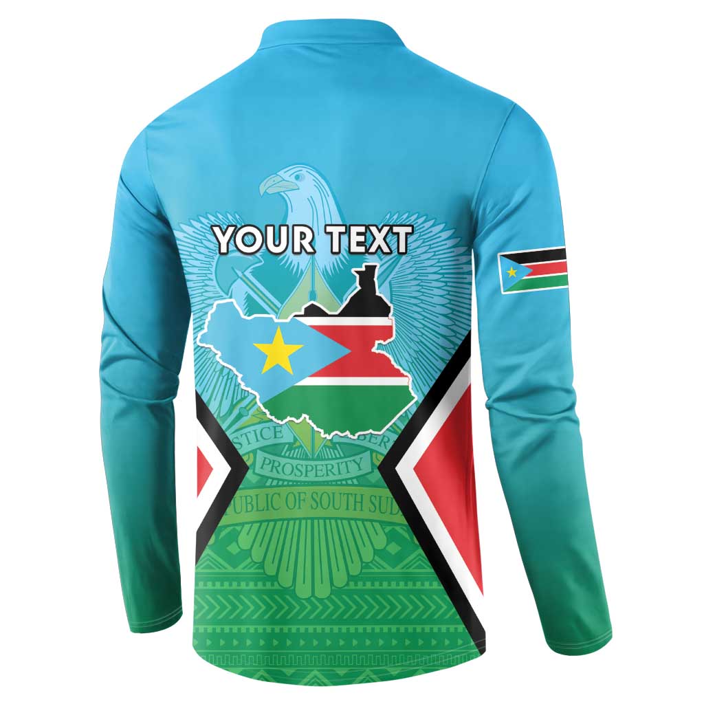 Blue long-sleeve henley sweatshirt back with YOUR TEXT and South Sudan crest over map