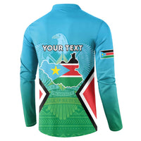 Blue long-sleeve henley sweatshirt back with YOUR TEXT and South Sudan crest over map