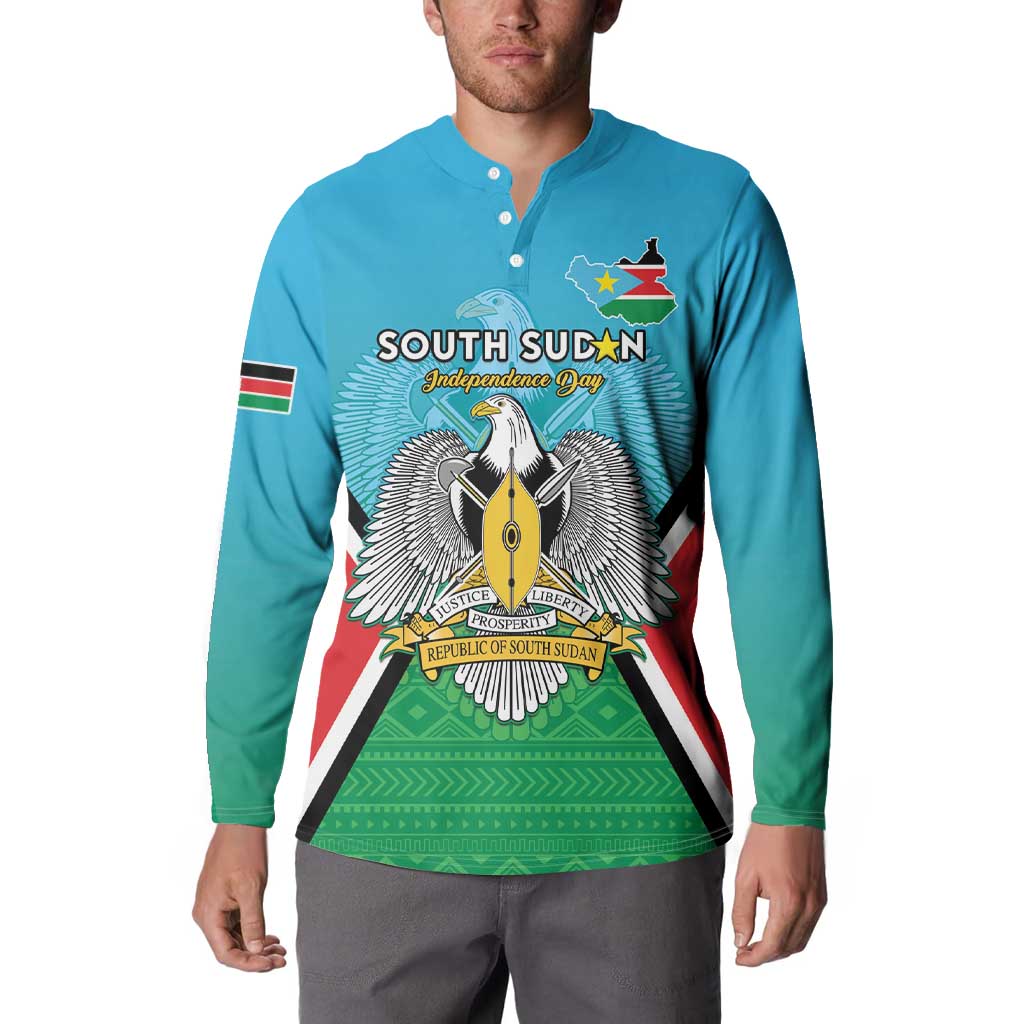 Blue long-sleeve henley sweatshirt on model, front graphic with South Sudan crest and flag