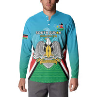 Blue long-sleeve henley sweatshirt on model, front graphic with South Sudan crest and flag